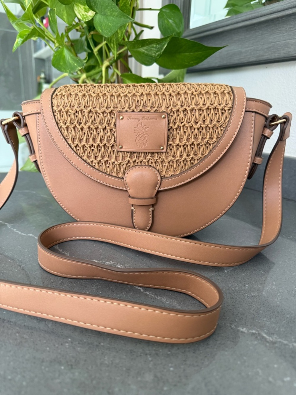Tommy Bahama Tan Woven Panel Crossbody Saddle Bag